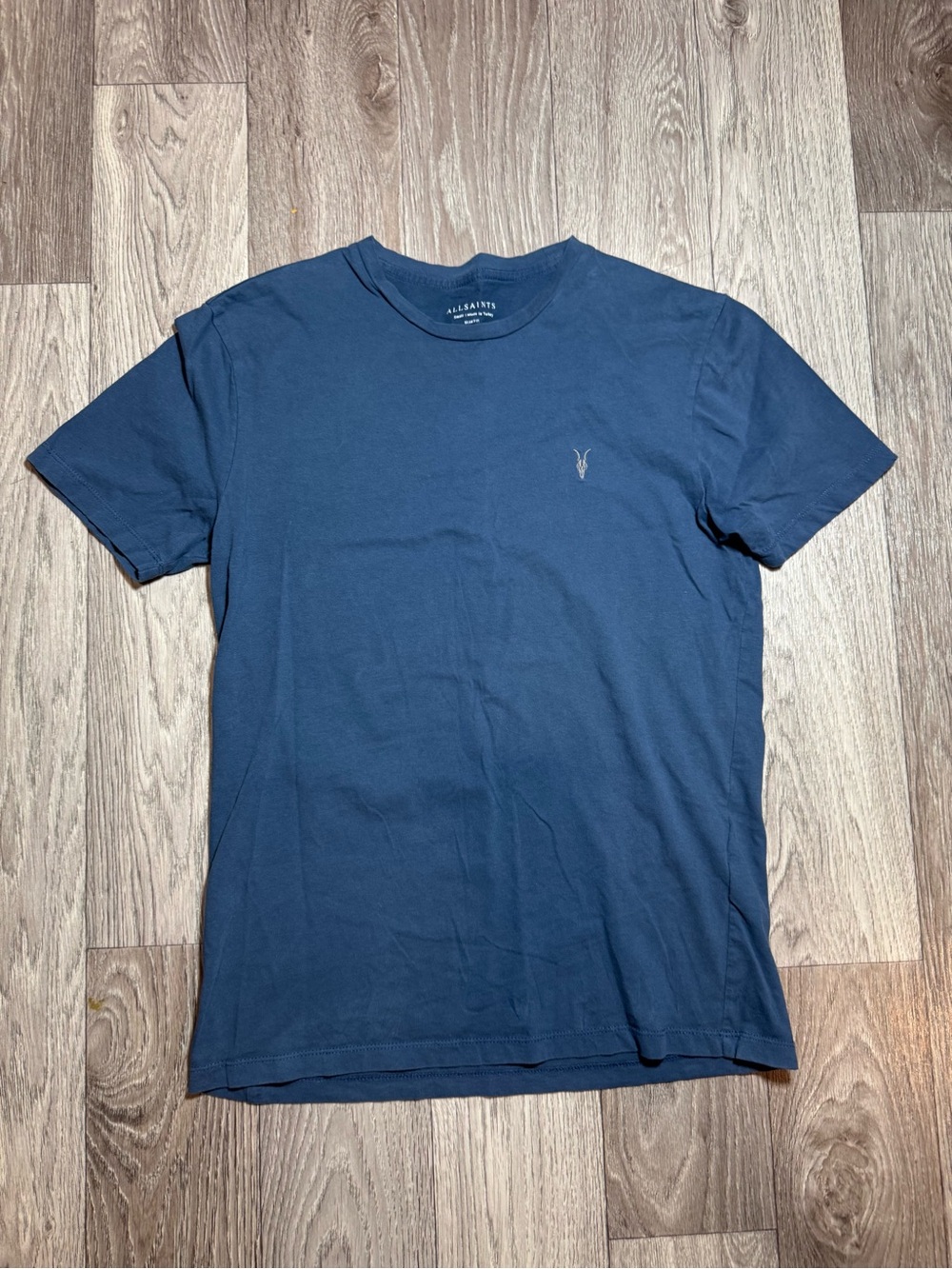 All Saints Mens Blue T Shirts Crew Neck Slim Fit Cotton Embroidered Logo S